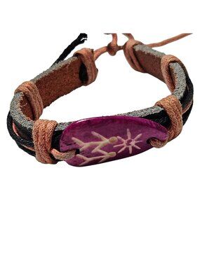 Handmade Tribal Leather Bracelet Purple Carved Pendant Natural Cord Adjustable